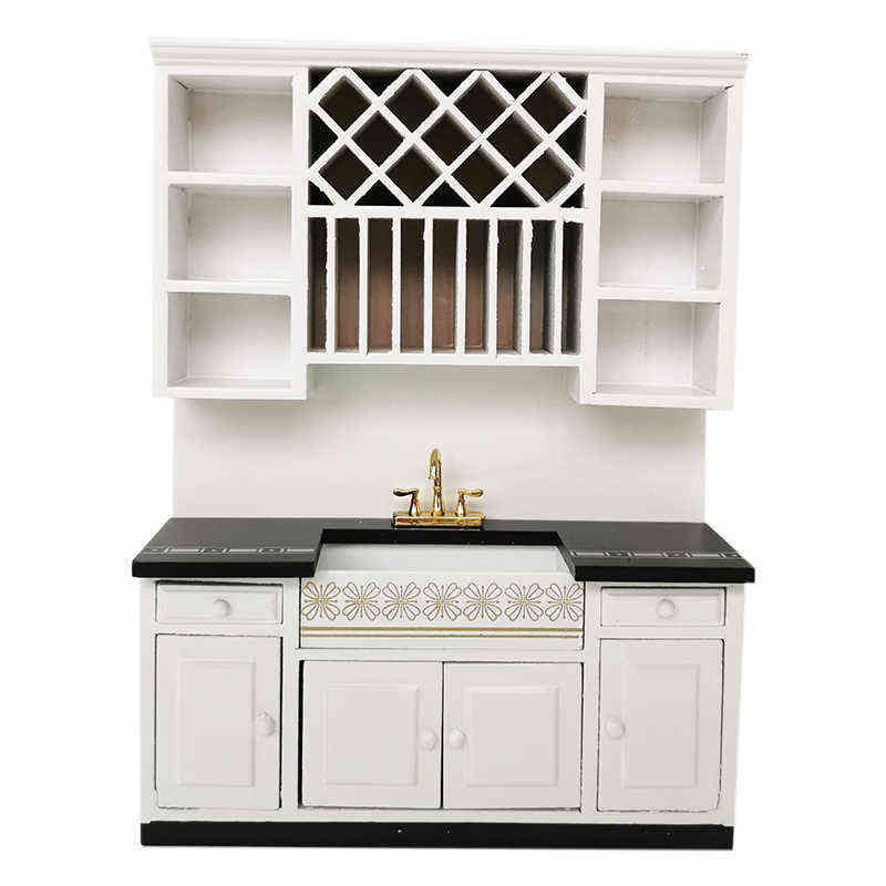 Dollhouse Furniture Miniatures 1/12 Scale Dolls Accessories Kitchen Cabinet Set Wood Basin Stove Counter Tiny House Mini Toys AA220325