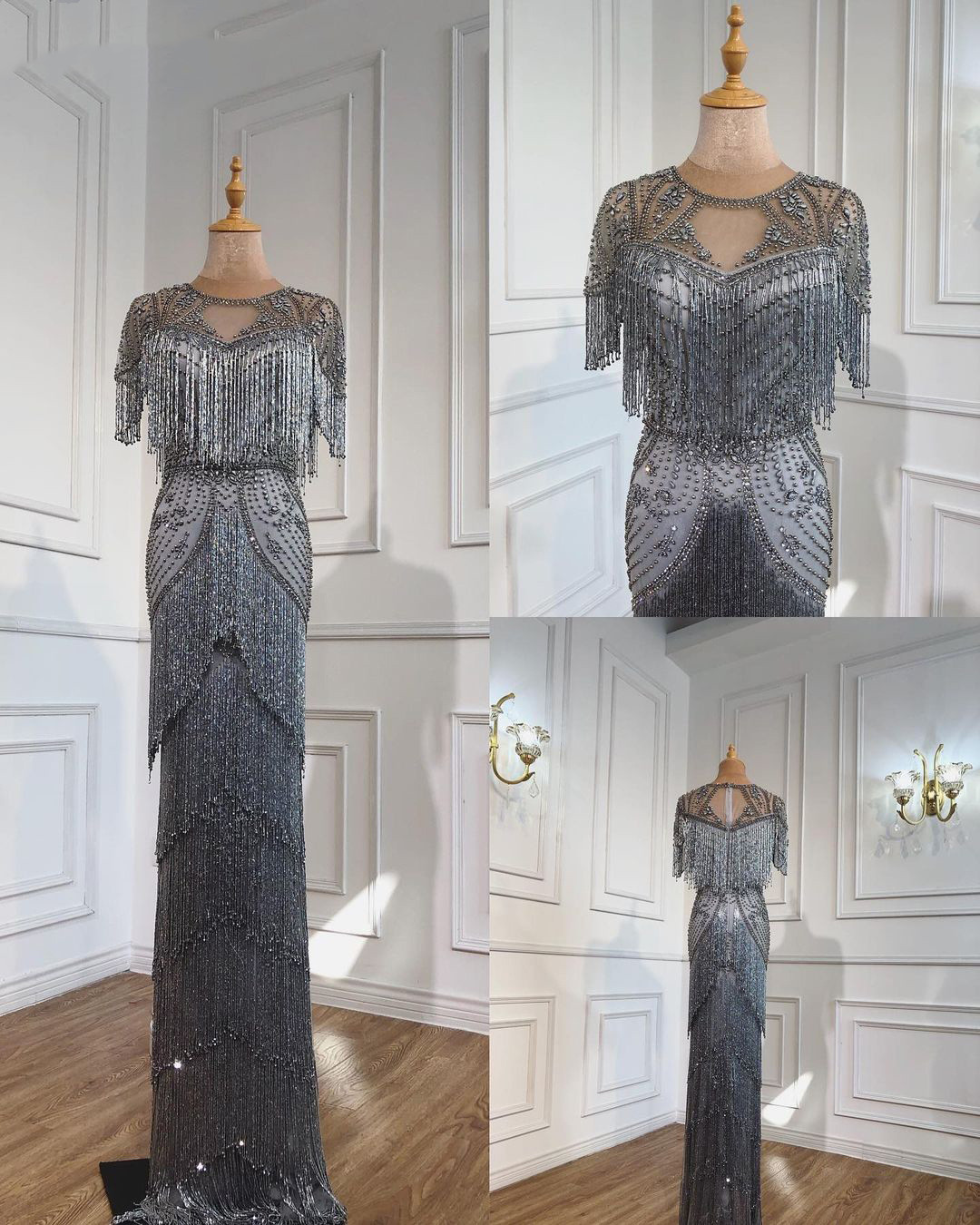 Luxury Arabic Aso Ebi Mermaid Evening Pageant Dresses Sparkly Beaded Crystal Tassel Dubai Silver Prom Party Engagement Gowns Yousef Aljasmi