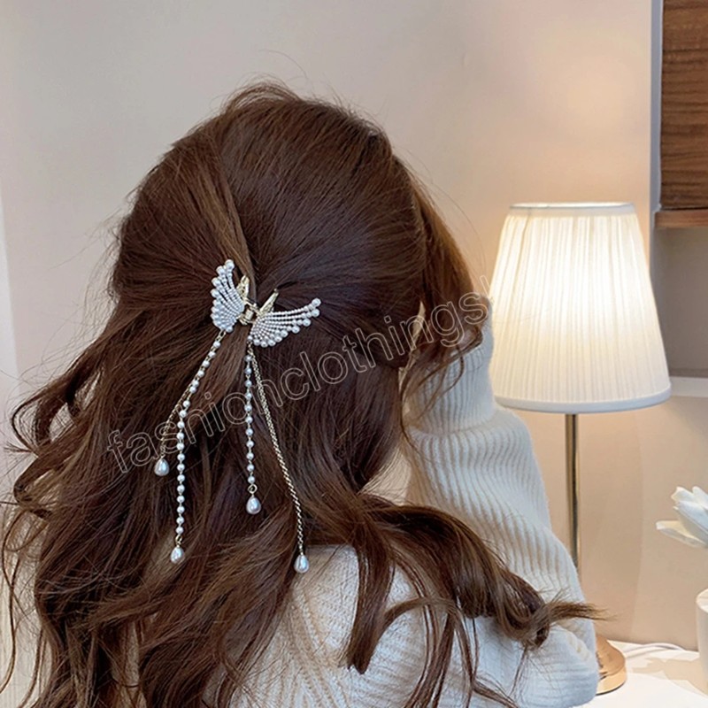 Fashion Pearl Tassel Butterfly Hair Claw Female Elegant Hair Accessories Butterfly Side Clip Headdress