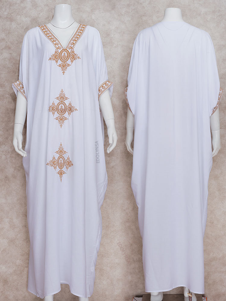Elegant Gold Embroidered Kaftan Retro V-neck White Dress Plus Size Women Clothes Summer Beach Wear Swim Maxi Dresses N1373 220414