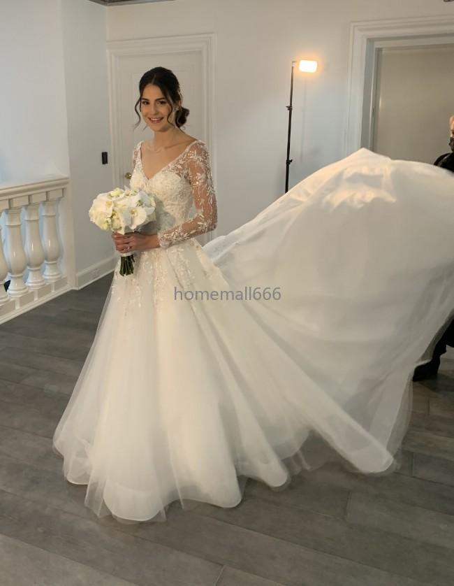 Sexy A Line Long Sleeves Lace Wedding Dresses V Neck Beaded Appliques Tulle Sweep Train Bridal Gowns 2022, White
Sexy A Line Long Sleeves Lace Wedding Dresses V Neck Beaded Appliques Tulle Sweep Train Bridal Gowns 2022, White