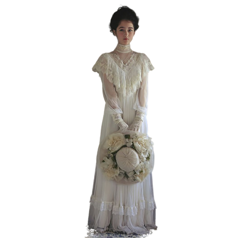 Vintage High Collar A Line Wedding Dress Floor Length 2022 Country Lace Tulle Bridal Gowns Ruffles Pleats Puffy Medieval Princess Bride Dresses