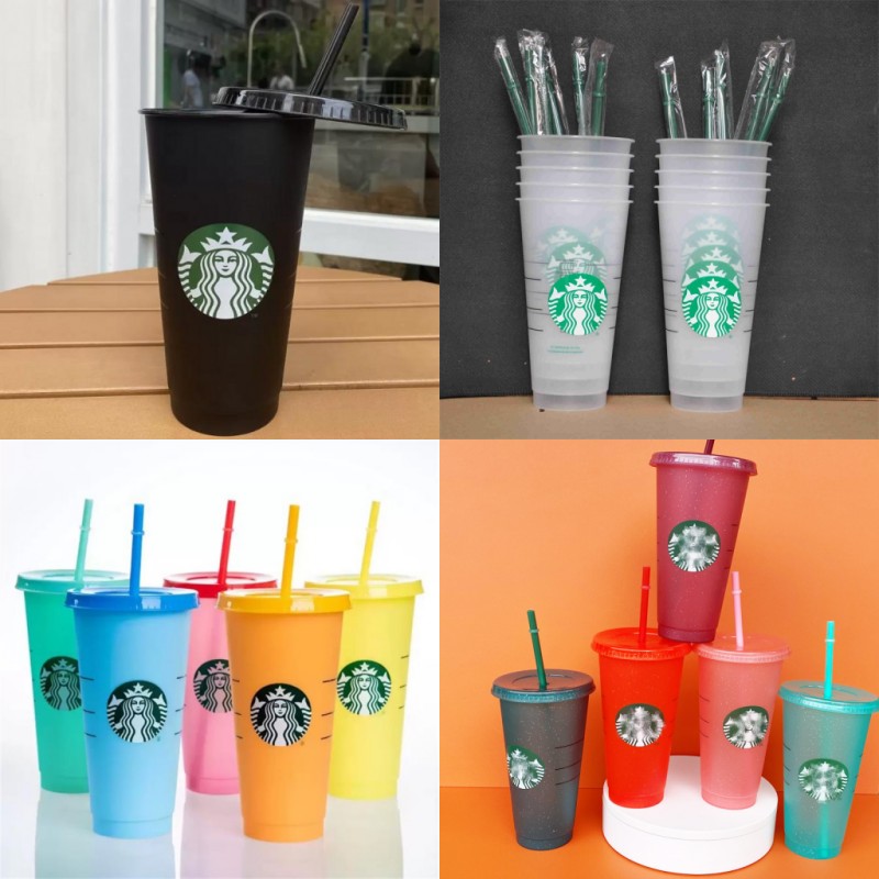 24OZ/710 ml Color-changing Cup Plastic reusable clear drinking cup cylindrical lid straw Free shipping