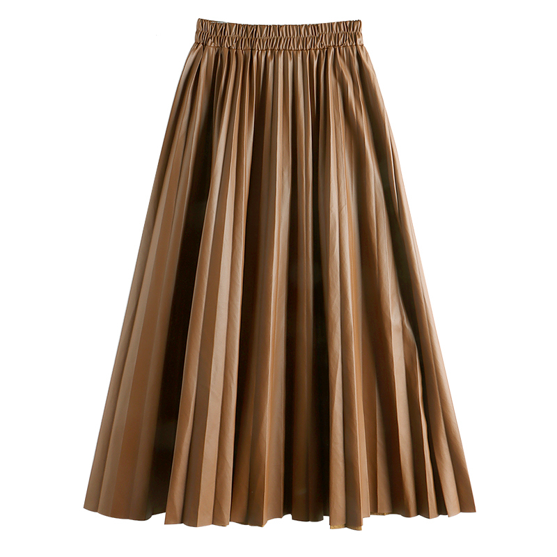 Seoulish Autumn Winter Faux PU Leather Pleated Long Skirts for Women High Waist All-match Umbrella Chic Female 220317