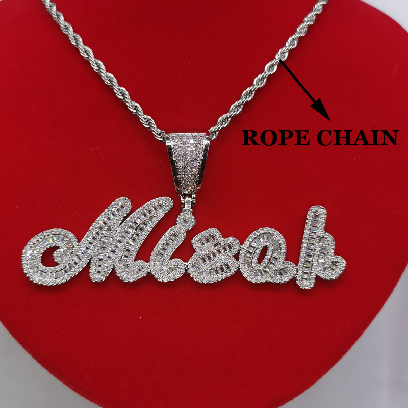 necklace moissanite chain Custom Brush Cursive Iced Out Letter Pendant Name Necklace Baguettes Chain Micro Paved CZ Personalized Hiphop Jewelry