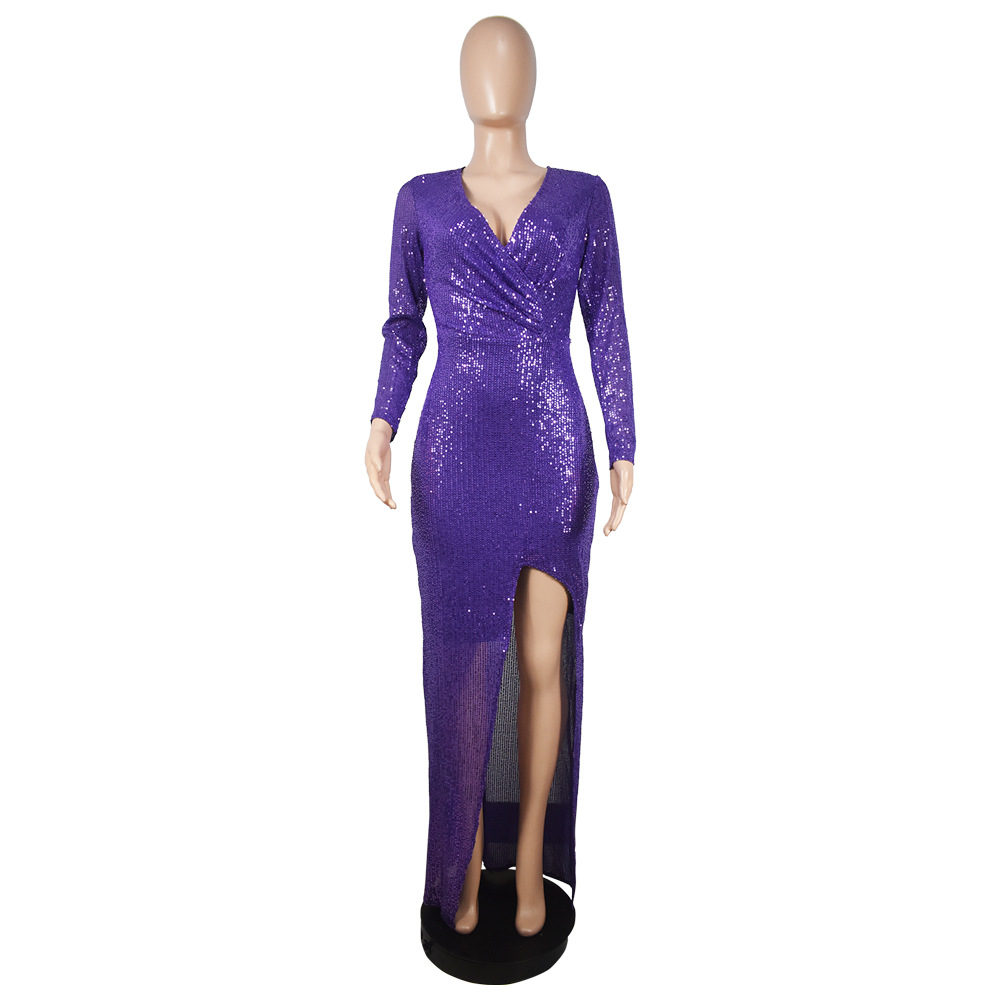 Sexy Purple Sequin Evening Dress 2022 V Neck Long Sleeve Prom Dresses With Front Slit Sparkle Formal Dance Party Dress African Black Girls Special Occ