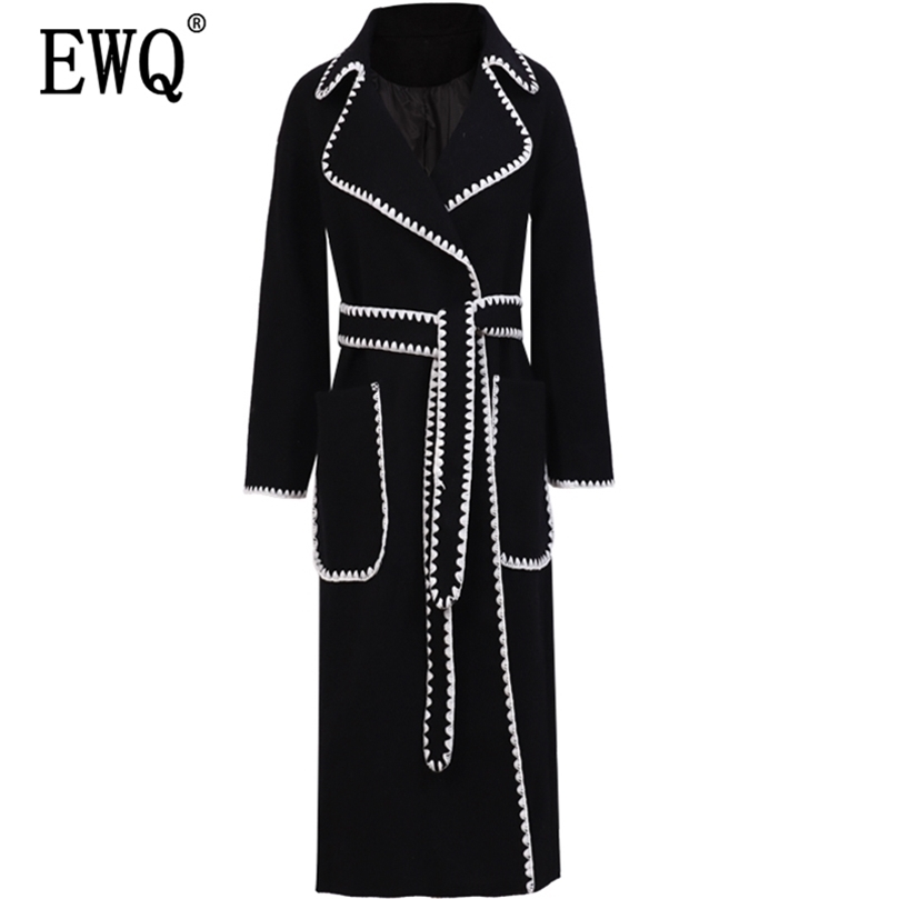 EWQ Autumn Winter Style Lapel Long Sleeve White Patchwork Adjustable Waist Woolen Coat Vintage Fashoin AH13411M 201222