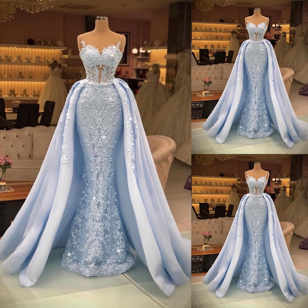 Sky Blue Mermaid Prom Dress 3D Floral Appliques Strapless Beads Evening Dresses Birthday Party Special Occasion Gowns