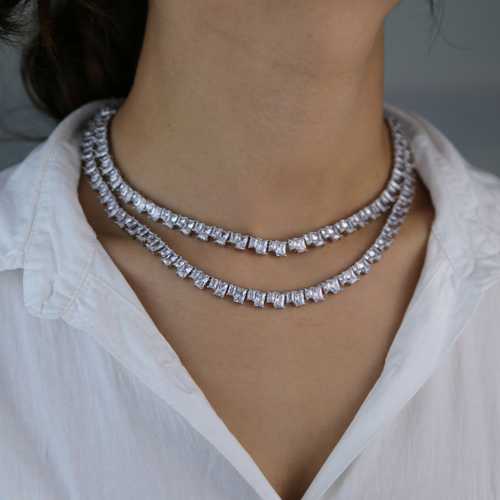 18 Iced Out Baguette CZ Tennis Chain Necklace for Women: High-Quality Hip Hop 5A Cubic Zirconia Choker Jewelry