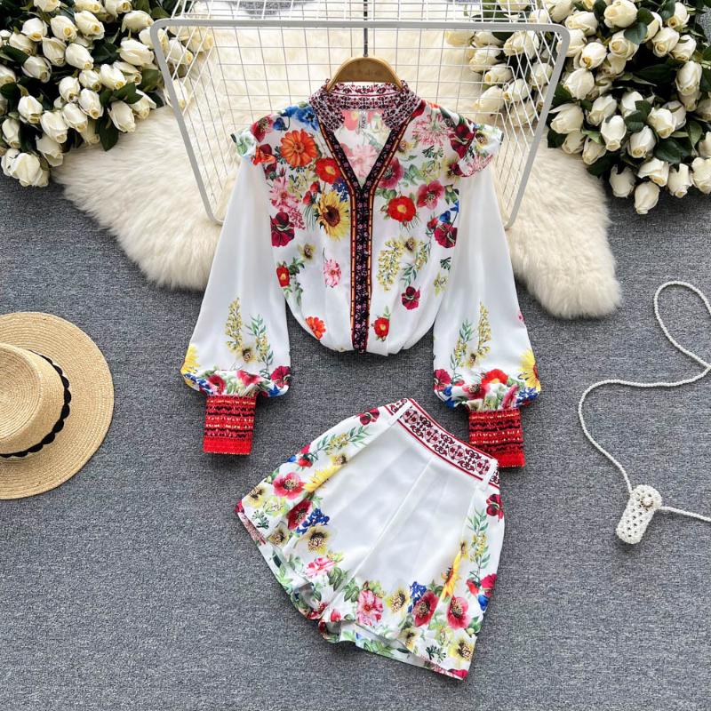 Women' Tracksuits Women Shorts Sets Runway V-Neck Lantern Sleeve Floral Print Blouse Shirts And Belt Pockets Short Pants 2 Pieces Outfits, White
Women' Tracksuits Women Shorts Sets Runway V-Neck Lantern Sleeve Floral Print Blouse Shirts And Belt Pockets Short Pants 2 Pieces Outfits, White