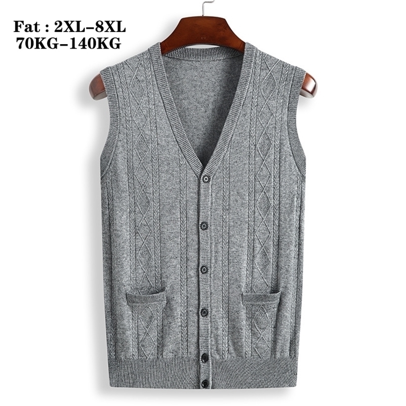 QUANBO Spring Autumn New Plus Size Mens Sleeveless Wool Cardigan Fat Loose Casual Vneck Knitwear Cardigan Sweater 8XL 201125