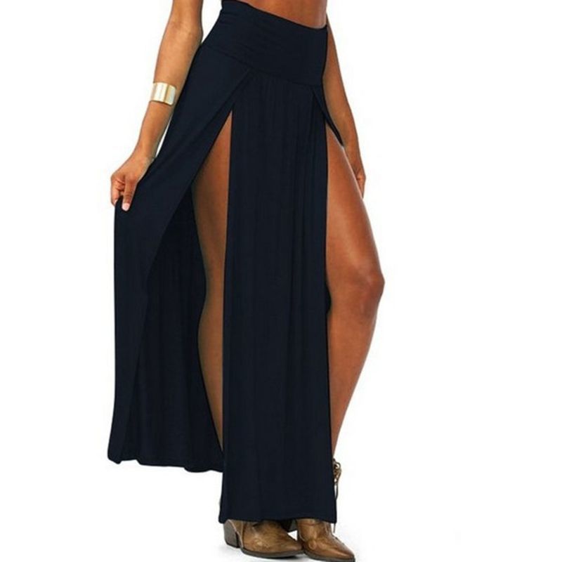 Womens High Waist Sexy Double Slit Front Open Knit Maxi Long Skirt Solid Color Pleated Irregular Hem Beach Bikini Cover Up 220317