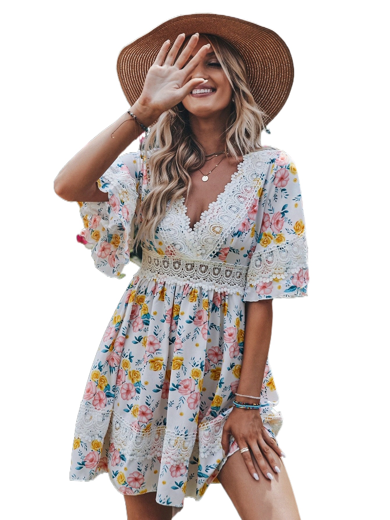 floral Print Guipure Lace Panel Dress 56ez#, Multicolor 
floral Print Guipure Lace Panel Dress 56ez#, Multicolor