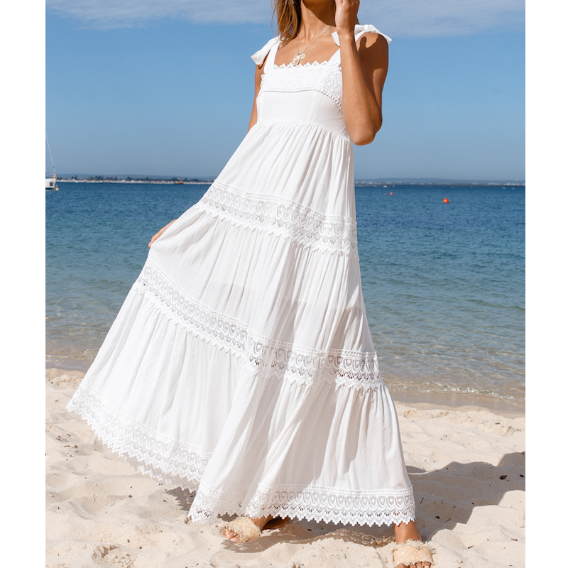 Women Beach Suspender Maxi Dresses Summer Lace Splicing Sleeveless High Waist Long Dress Boho Trim Sundress Female Beachwear, White
Women Beach Suspender Maxi Dresses Summer Lace Splicing Sleeveless High Waist Long Dress Boho Trim Sundress Female Beachwear, White