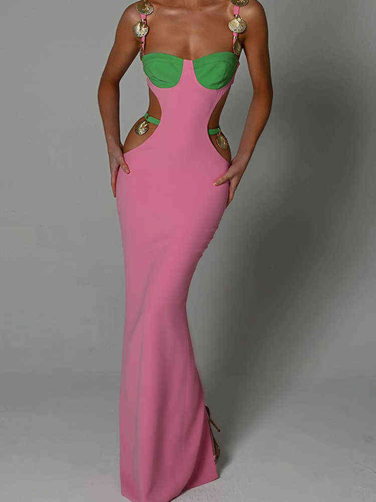 Sexy Slip Maxi Dress Women Sleeveless Cutout Patchwork Long Dresses 2022 Summer Metal Shell Fashion Beach Vacation Lady Vestidos T220816