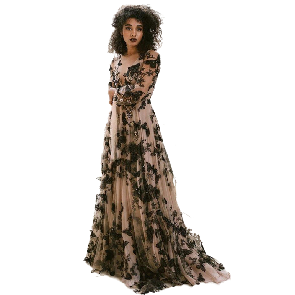 Gothic Apricot And Black Butterfly Lace Wedding Dress Long Sleeve Sheer V-Neck A Line Country Bridal Gowns 2022 Retro Vintage Bride Dresses Robe de Ma