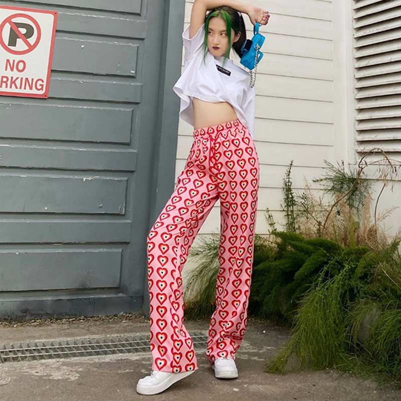 Missnight Pink Pants Heart Printed Straight Elastic High Waist Drawstring Fashion Streetwear Vintage Harajuku 220325