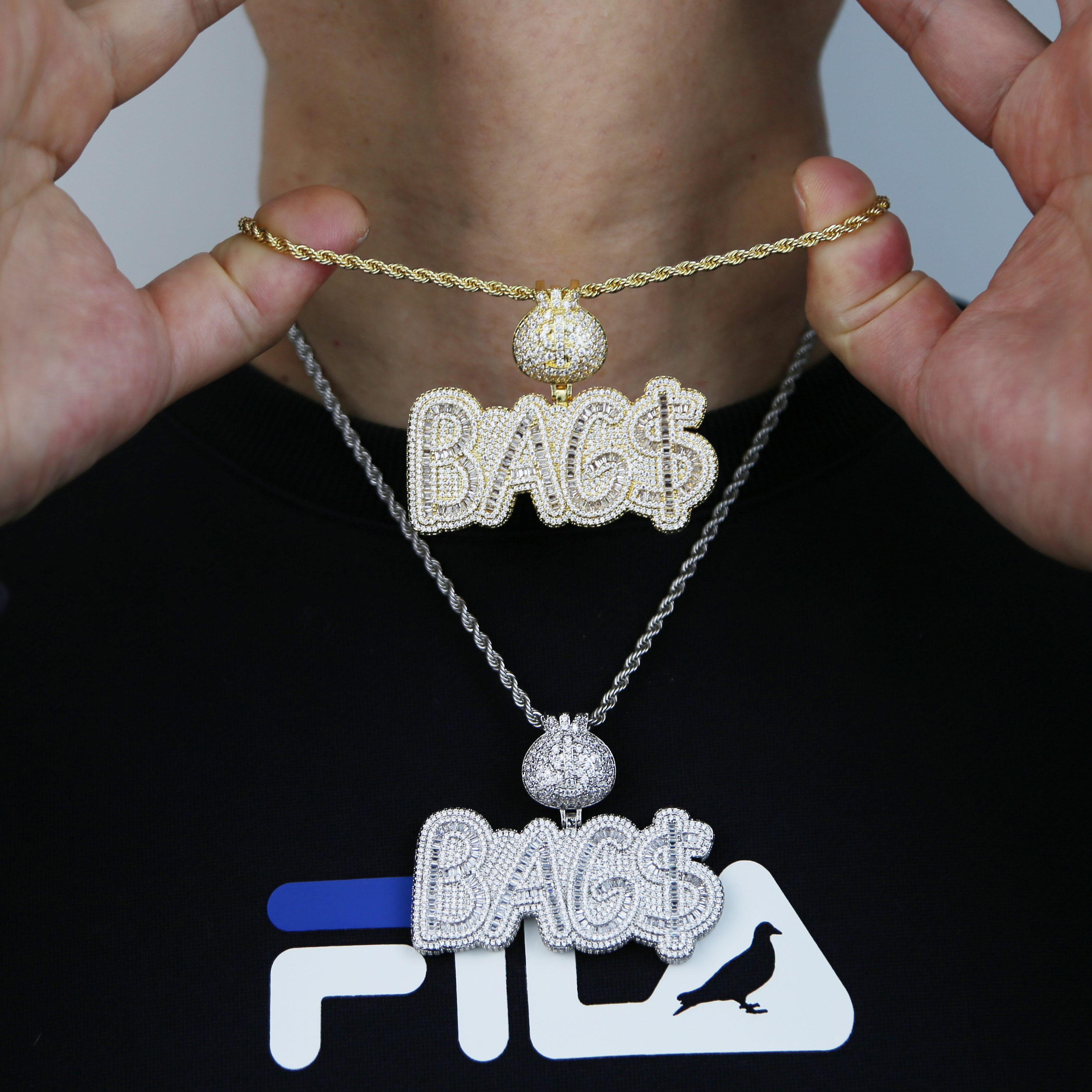 Iced out money bag pendant paved full cz stone hip hop cuban chain necklace plated gold silver for women men high quality jewelry wholesale