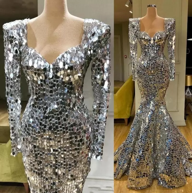 Sparkly Silver Sequins Evening Dresses Long Sleeves 2022 Floor Length Mermaid Sweetheart Neckline Custom Made Plus Size Prom Party Gown vestidos
