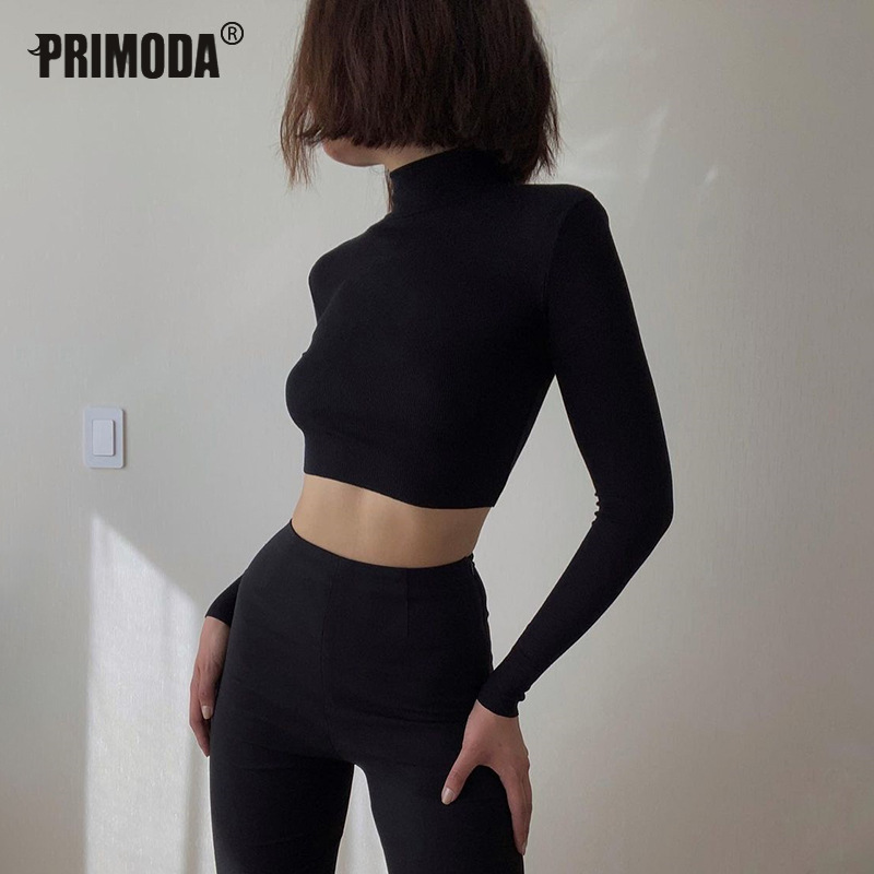 Knit Neon Orange Turtleneck Streetwear Crop Top Women Sexy Club Tops Long Sleeve Female Lime Short TShirts Fashion PR325M 220328