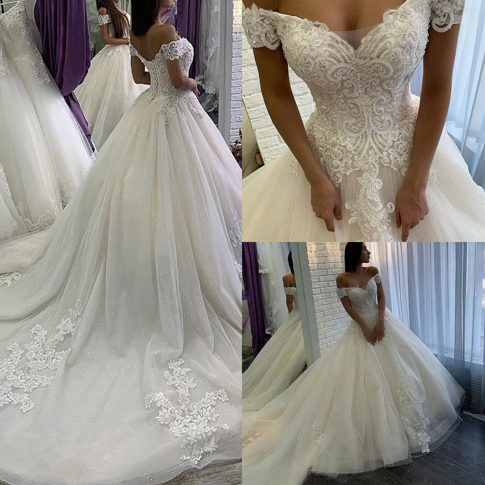 2022 Luxury Beads Ball Gown Wedding Dresses Chapel Train Corset White Ivory Tulle Princess Wedding Gowns Lace Appliqued Off Shoulder Church Bride Dres