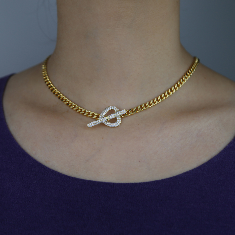 Cuban k Chain Heart Clasp Necklace: Gold-Plated Micro Paved Clear Cz