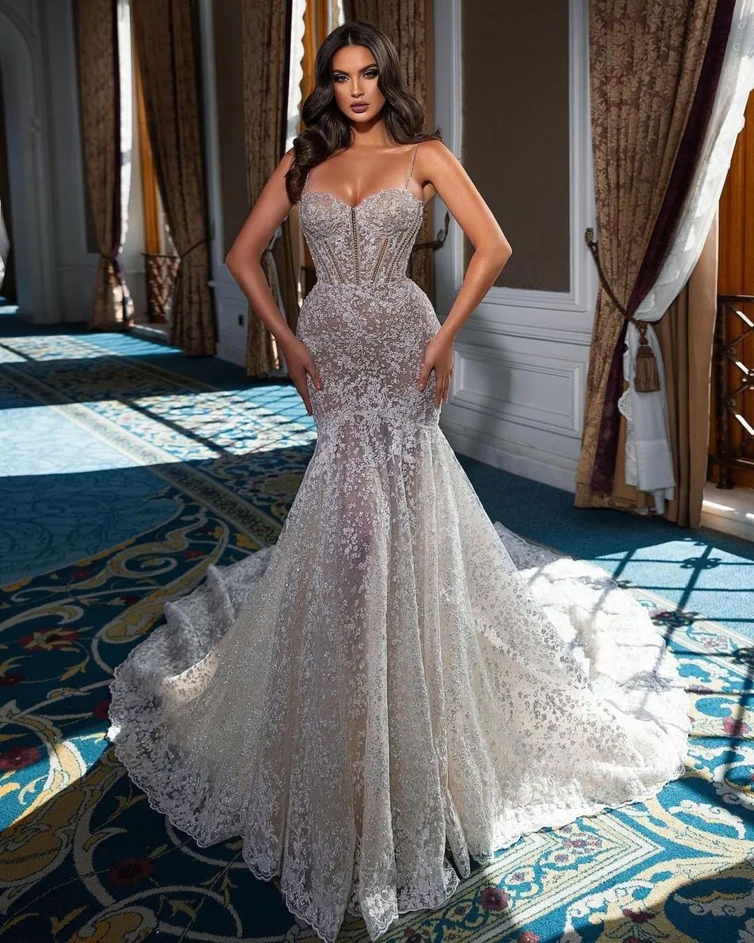 Junoesque Wedding Dresse sleeveless Backless Applique Beads Mermaid Detachable Sweep Train Lace Wedding Dress Custom Made Pearl Vestidos De Novia