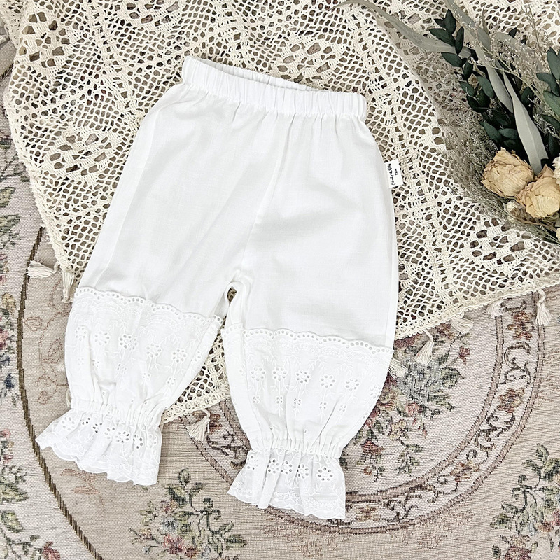 deer jonmi Spring Summer Korean Style Baby Girls Lace Lantern Pants Solid Color Embroidery Toddlers Kids Cotton Trousers 220512