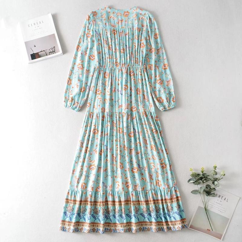Bohemia Buttons V neck Mint Green Floral Print BOHO Long Sleeve Dress Woman Bow Strappy Lacing up Waist Holiday Dresses 220511