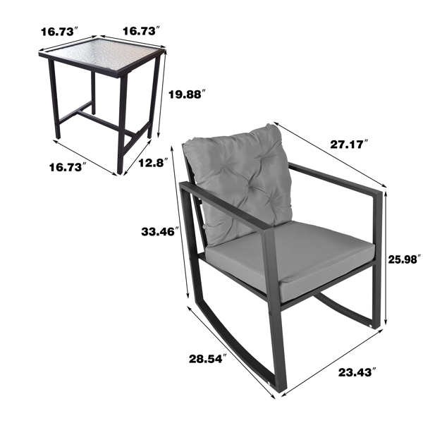 Dining Room Furniture 3 Pieces Patio Furniture Outdoor Bistro Conversation Sets with Metal Rocking Chairs and Glass Coffee Table Gray