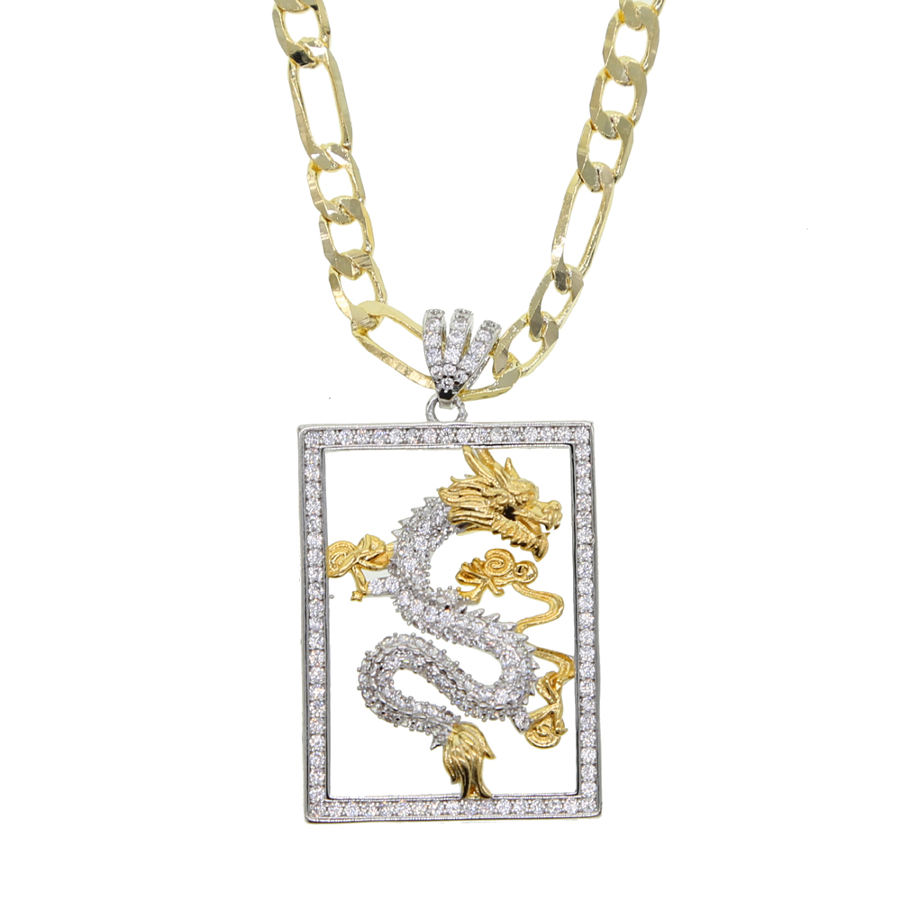 New Iced Out Bling CZ Two Tone Silver Color Dragon Pendant Necklace Cuban Link Chain Dragon Charm Choker Hip hop Women Jewelry