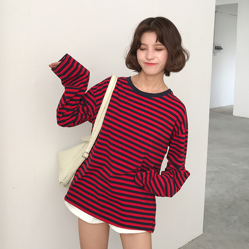 Vintage Fashion Basic Loose Casual Striped All Match Simple Long Sleeve Female T shirts 220714