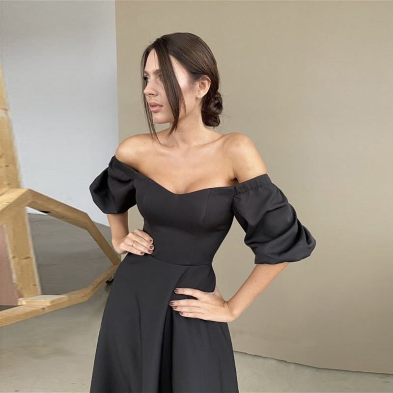 Churses Sexy Slash Neck Backless Midi Dress Autumn Elegant Puff Half Sleeve A-Line Long Party Dresses For Women 220509
