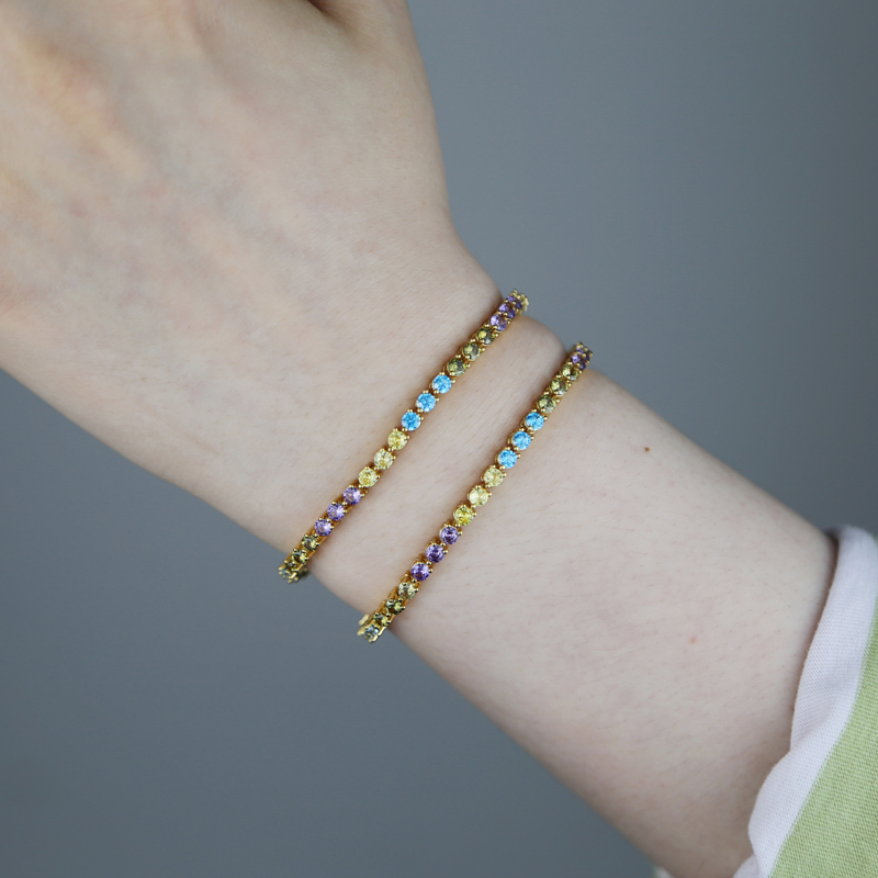 Rainbow Colorful Cubic Zirconia Round Bezel Tennis Chain Bracelet for women girl Fashion wedding jewelry gifts