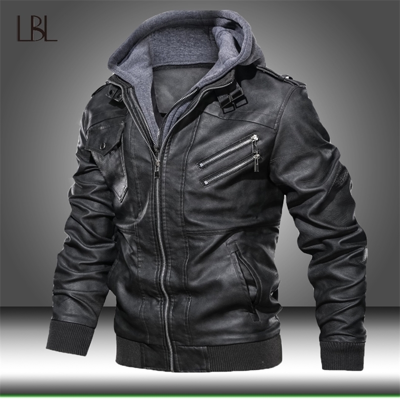 Men Faux Leather Jacket Motorcycle Jacket Men's Windbreaker Hooded PU Jackets Male Outwear Warm Biker Plus Velvet Retro Coats 201128
