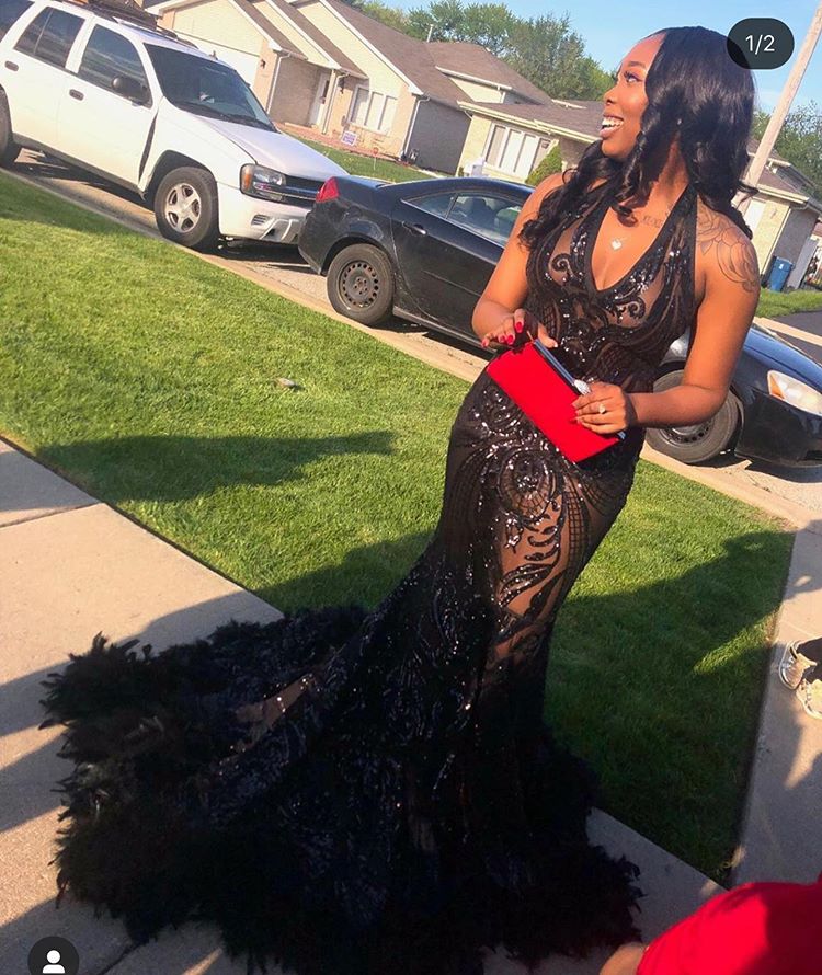 Luxury Black Girls Sequin Evening Dress 2022 Deep V Neck Aso Ebi Prom Dresses With Feather Elegant Formal Mermaid Gowns For Special Occasion Party Wea
