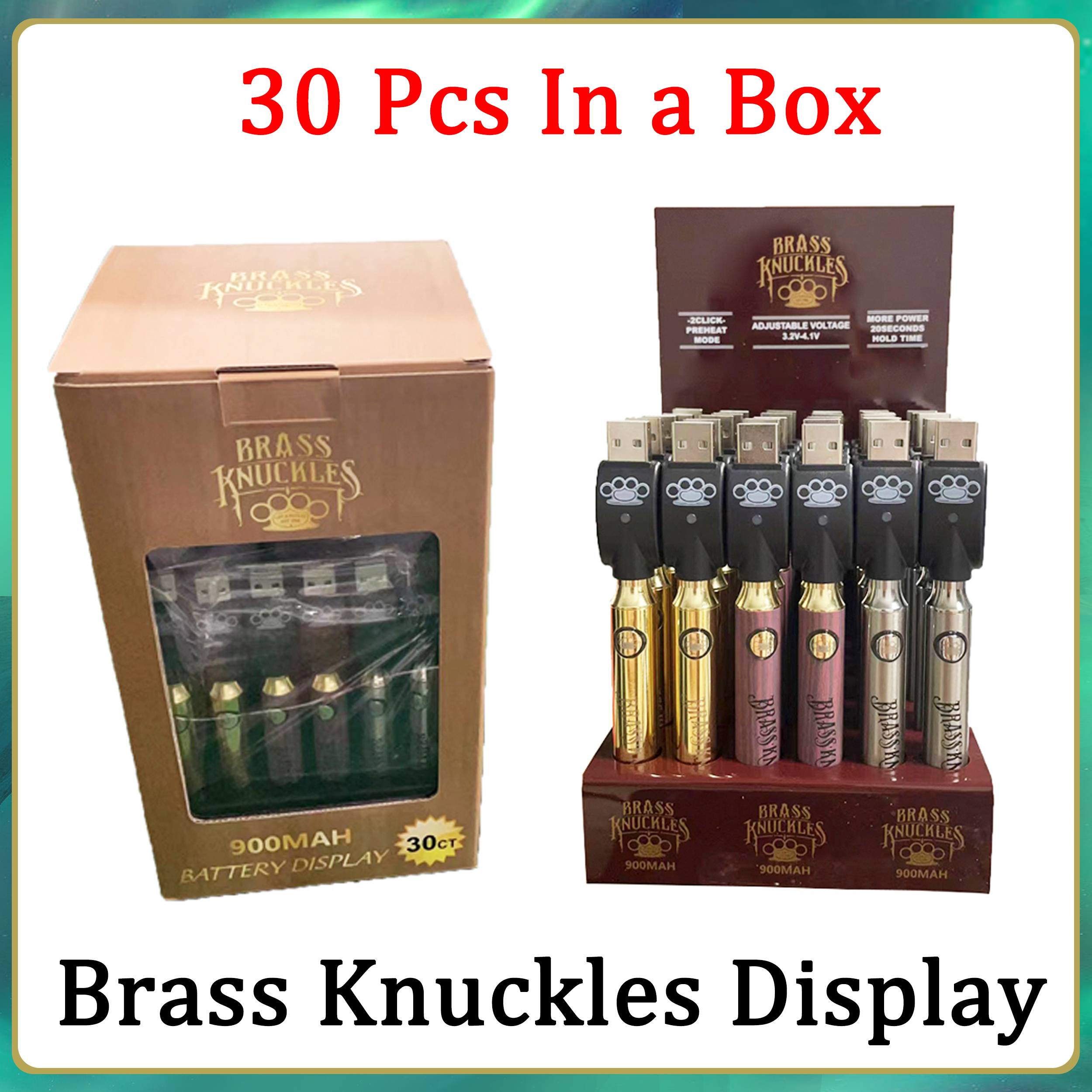 Newest Brass Knuckles Battery Display 900mAh Vape Voltage Adjustable With Chargers Preheat Function 3 Colors 30pcs ct Per Display Fast Send
Newest Brass Knuckles Battery Display 900mAh Vape Voltage Adjustable With Chargers Preheat Function 3 Colors 30pcs ct Per Display Fast Send