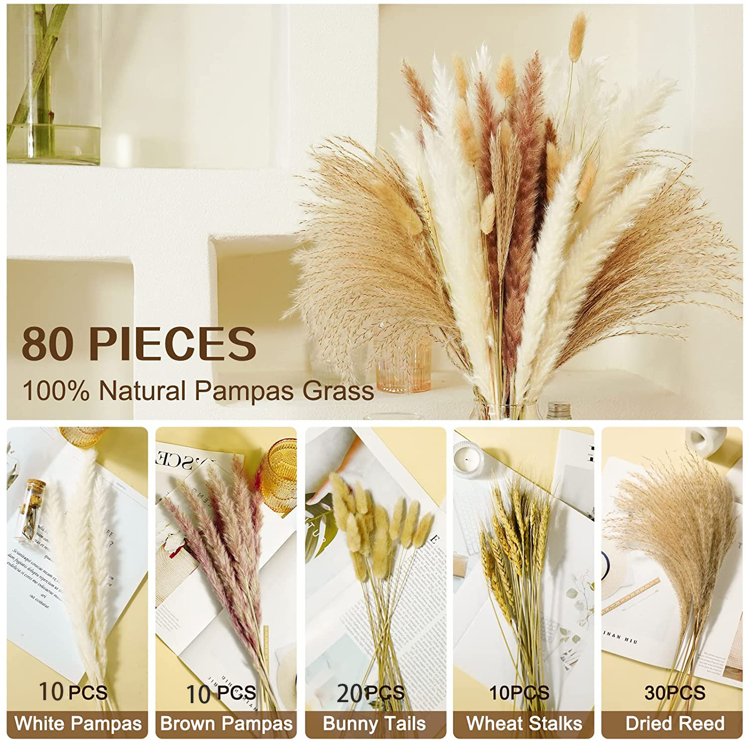 80 Pcs Dried Pampas Decor Natural Brown White Pompous Grass Dried Bunny Tails Wheat Reed Boho Home Wedding Flower Arrangement5685781