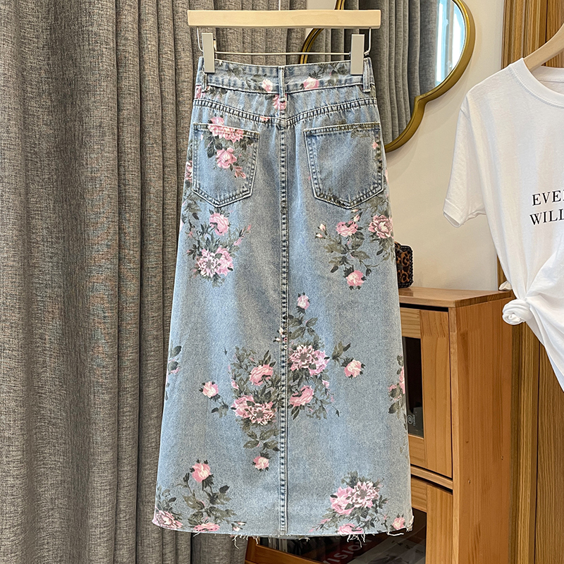 New womens retro denim jeans print flowers fashion side vent jag midi long skirt plus size SMLXLXXL3XL4XL5XL