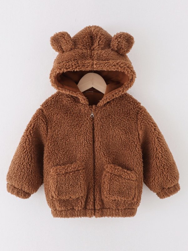 Toddler Boys 3D Ear Zip Up Pocket Front Hooded Flannel Jacket SHE