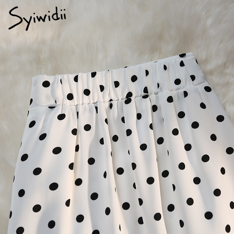 Syiwidii Shirring Side Slit Women's Skirts Polka Dot Print White High Waist Back Elastic Band Elegant Ladies Midi Long Skirt 220317