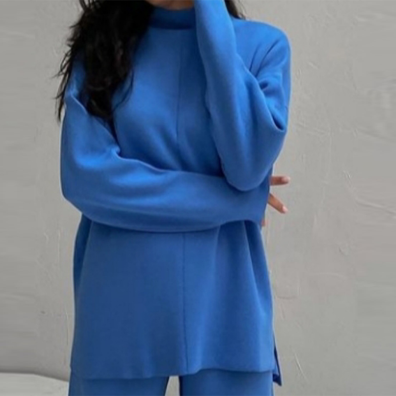 Women Turtleneck Sweater Tracksuit Winter Loose Lady Knitted Pants Suit Solid Long Sleeve Pullover Wide Leg Trousers Casual 220817