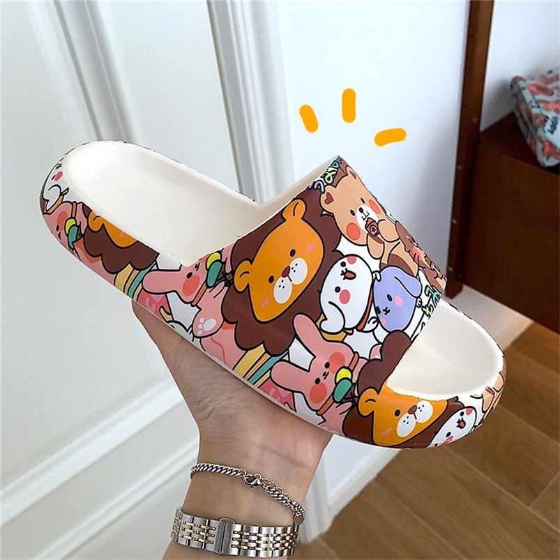 Summer Beach Slides Women Men Casual Slippers Sandals Flip Flops Cartoon Bear Dog Lion Thick Sole Home Outdoor Bathroom Shoes 220408