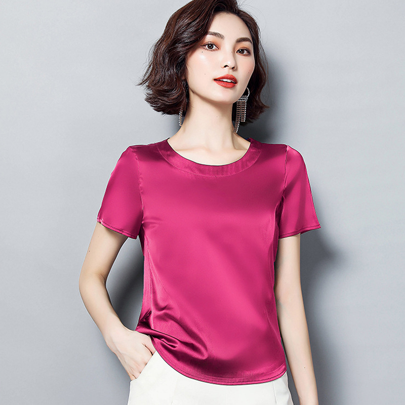 Summer Basic Solid Women's T-Shirts O-Neck Short Sleeve Tees Tops Satin Silk Elegant Thin Shirts for Female 220328