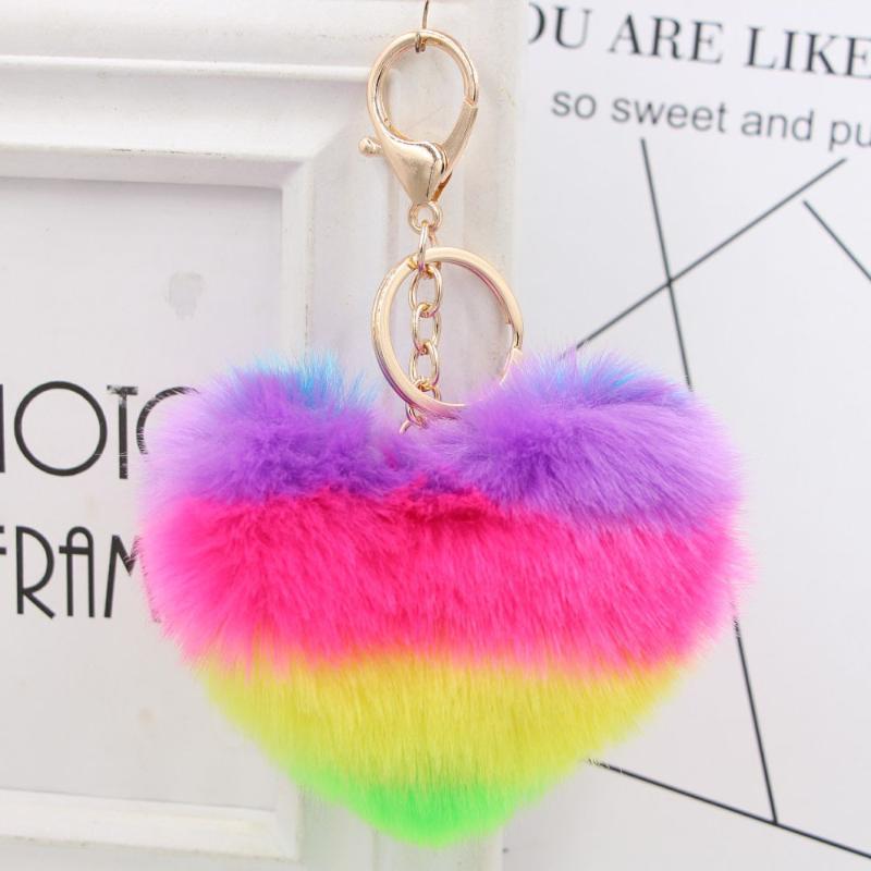 

Keychains Fluffy Pompom Gifts For Women Soft Heart Shape Pompon Fake Key Chain Ball Car Bag Accessories Ring