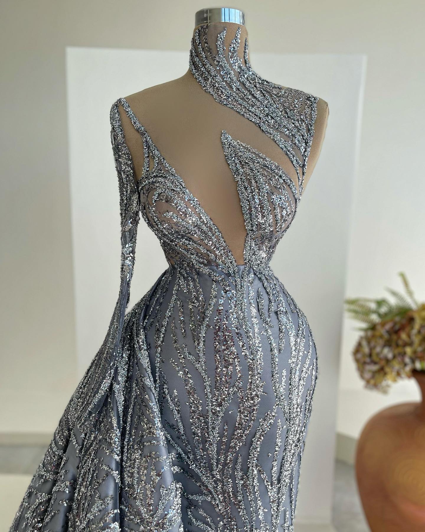 Glitter Sequined High Neck Prom Dresses One Shoulder Party Dresses Mermaid Floor Length Custom Made Evening Dress