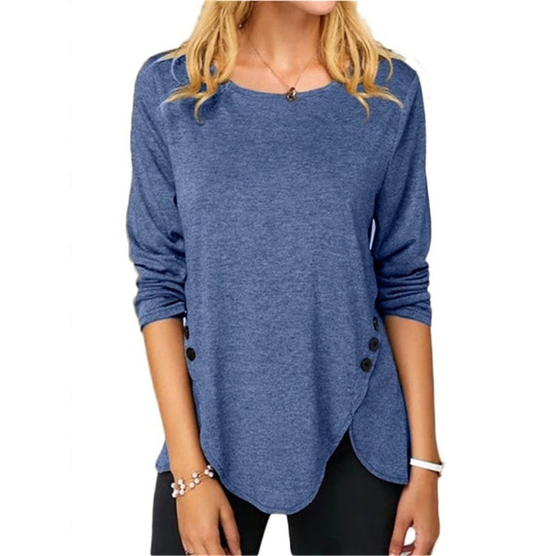Button O Neck Solid Color Tunic T-Shirt Women Clothing Long Sleeved Loose Casaul Irregular Pullovers Tops Tee Shirt Femme 220328