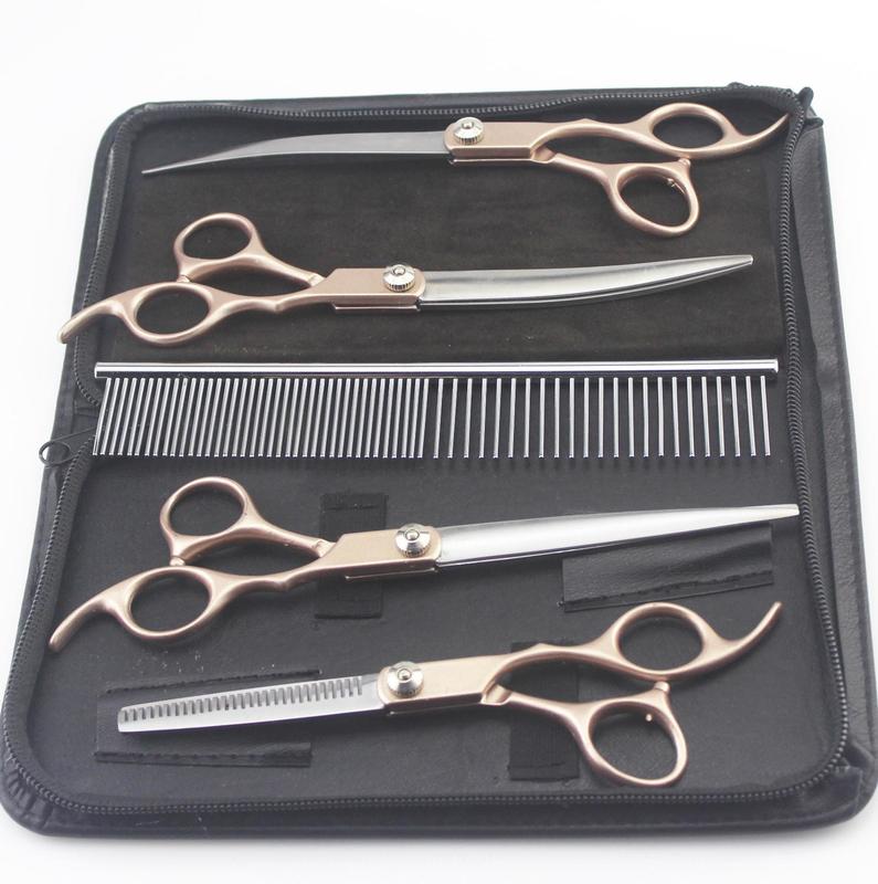 4PCS 7inch Gold Handle Scissors Professional Dog Grooming Hairdressing Shear Set Curved kit pet groomer tools 220317