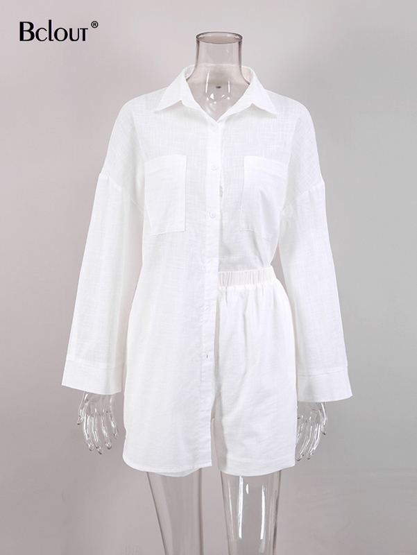 Bclout Linen Shorts 2 Piece Sets Womens Outfits White Summer Long Sleeve Loose Shirts Fashion Wide Leg Shorts Suit Woman Holiday 220521