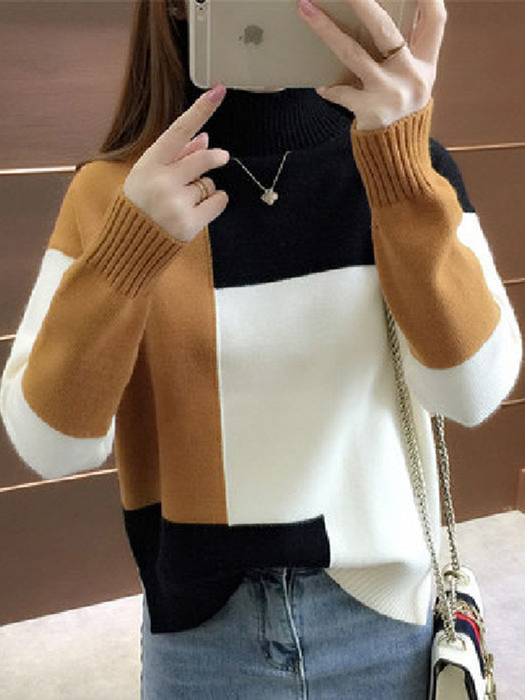 JMPRS Patchwork Women Pullover Sweater Autumn Loose O Neck Long Sleeve Knitted Thick Korean Fashion Female Jumper Top 220809